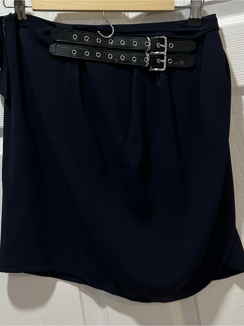 The Kooples Women’s Asymmetrical Navy Blue Mini Skirt Size Small Grommet Belt